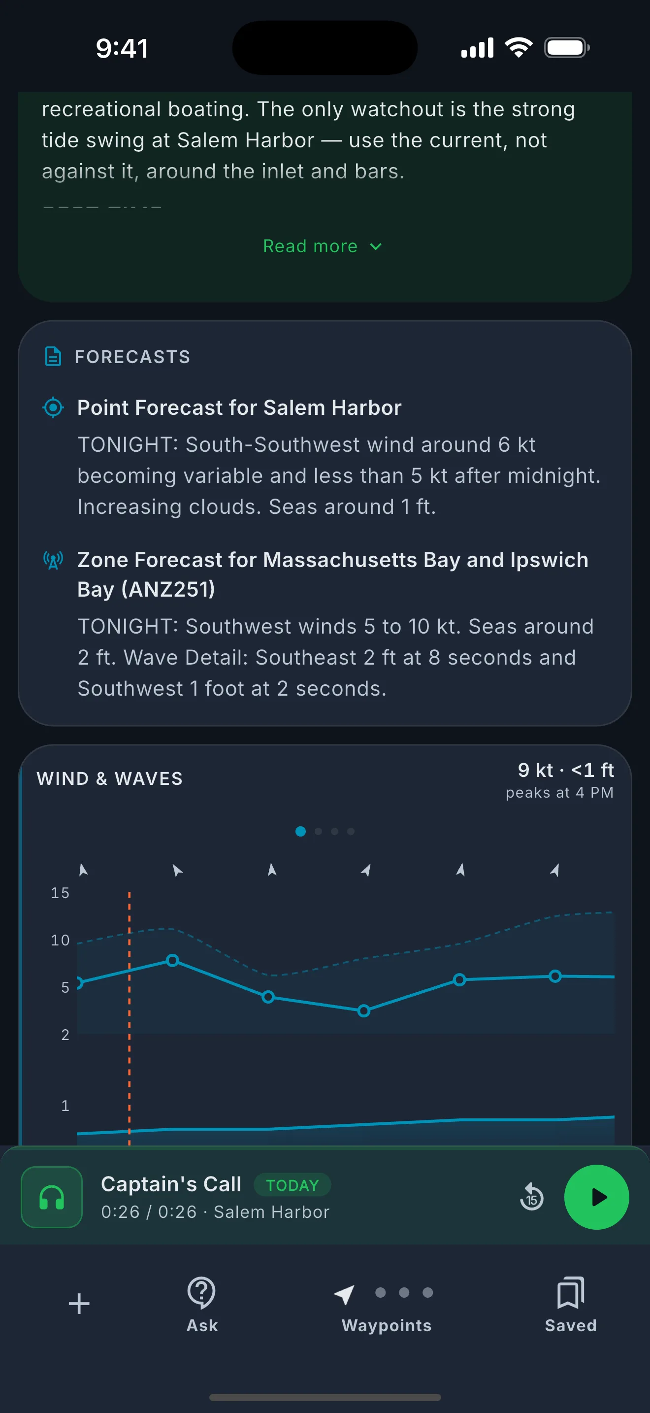Boater Briefer™ dashboard showing marine conditions, tide chart, and weather data for a coastal location.