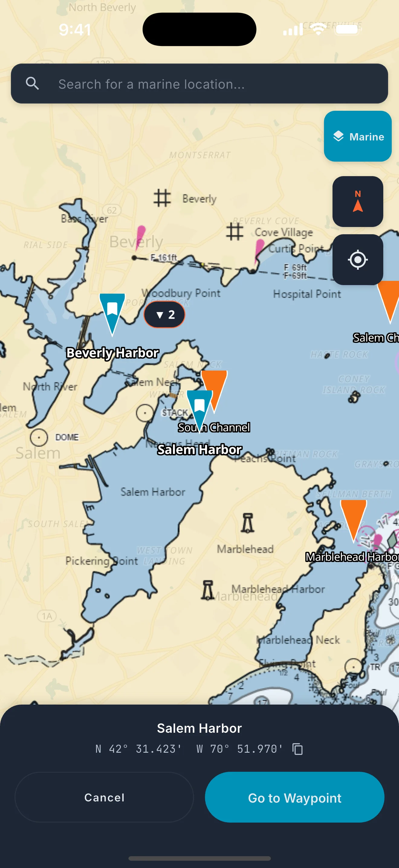 Location picker showing interactive nautical chart map.
