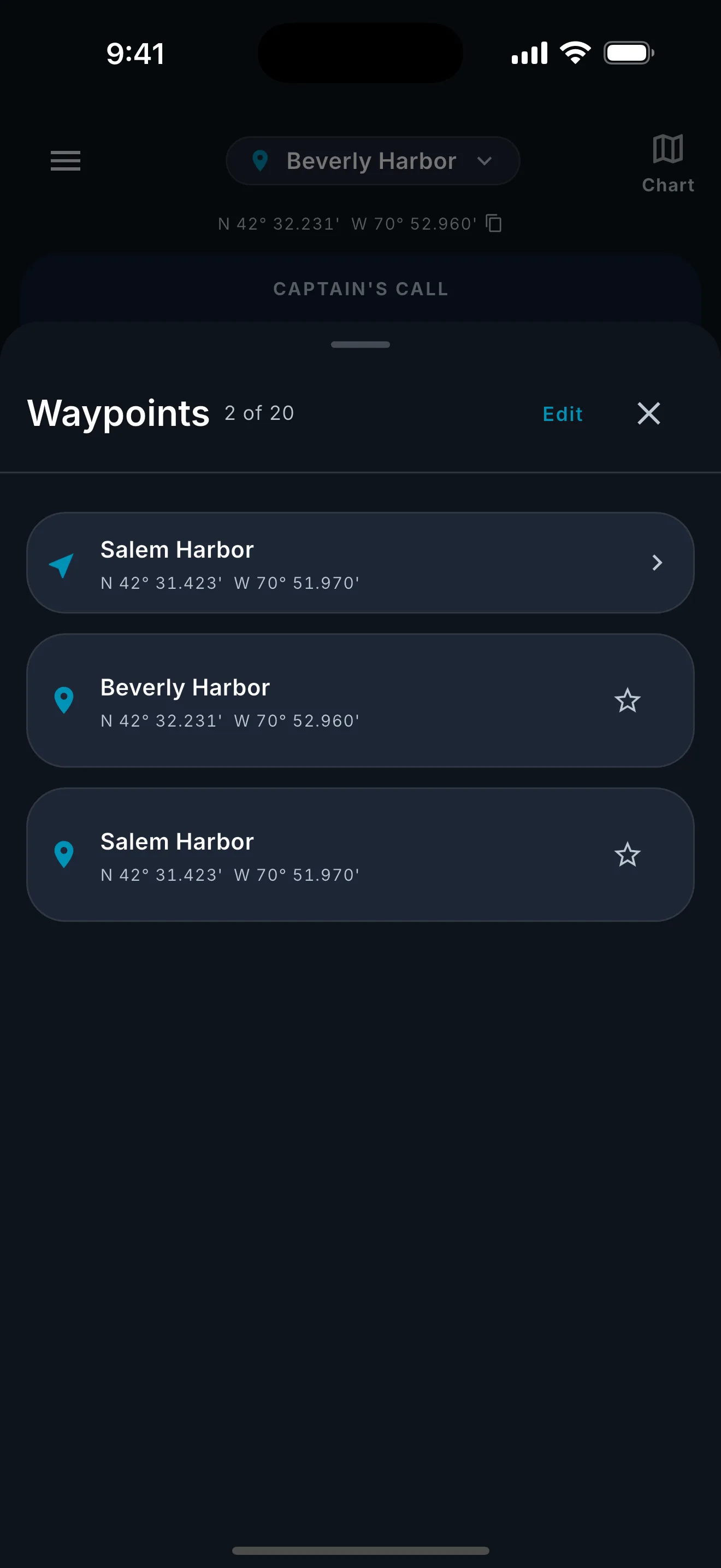 Waypoint drawer showing saved locations with reorder and edit options.