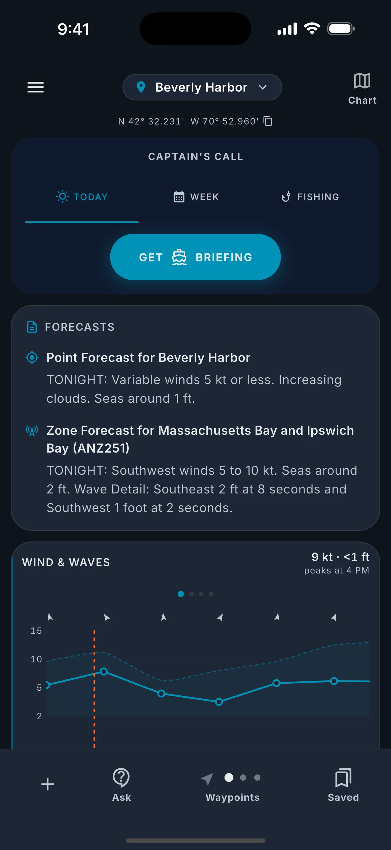 Dashboard footer showing navigation dots for multiple saved locations.