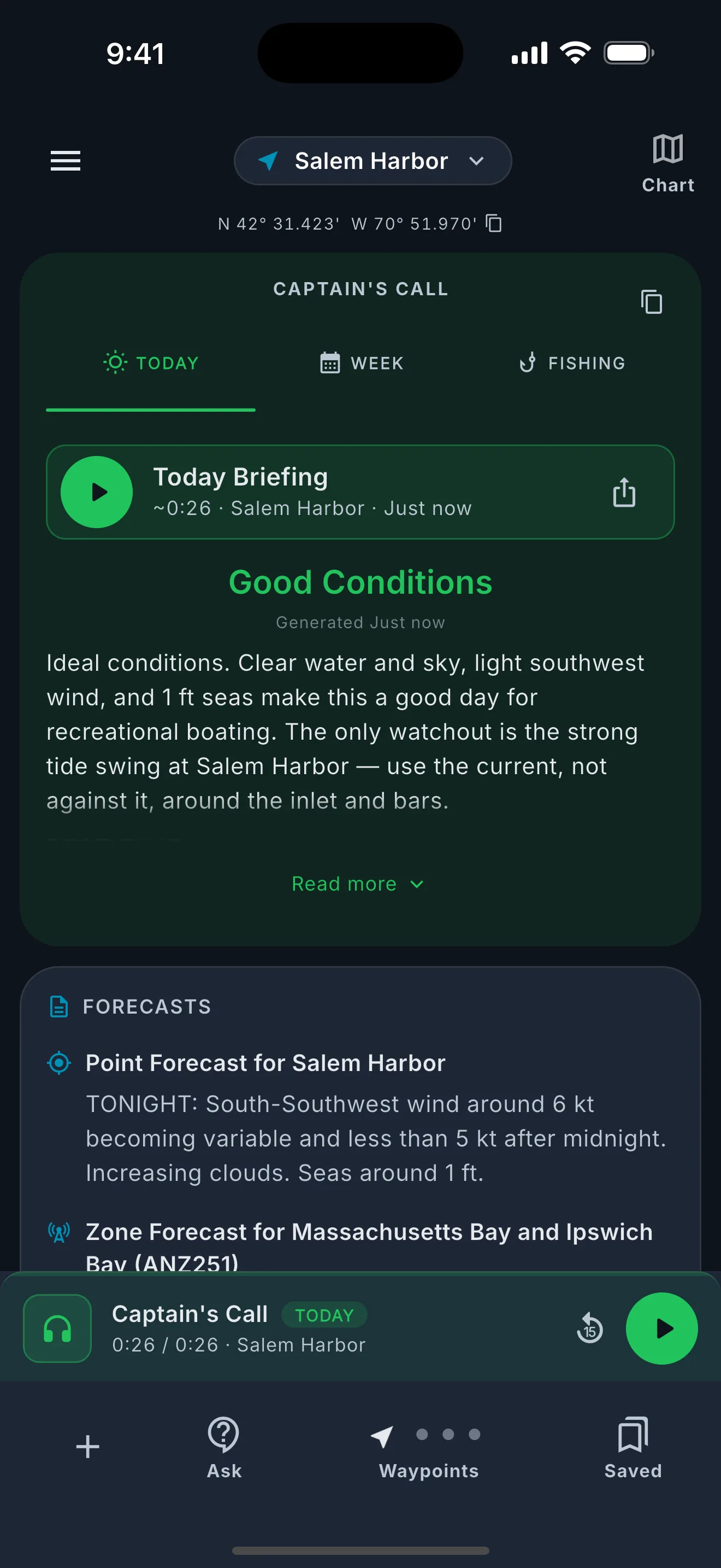 Today Briefing playing with a progress bar, and a persistent mini player with pause, rewind, and share controls.