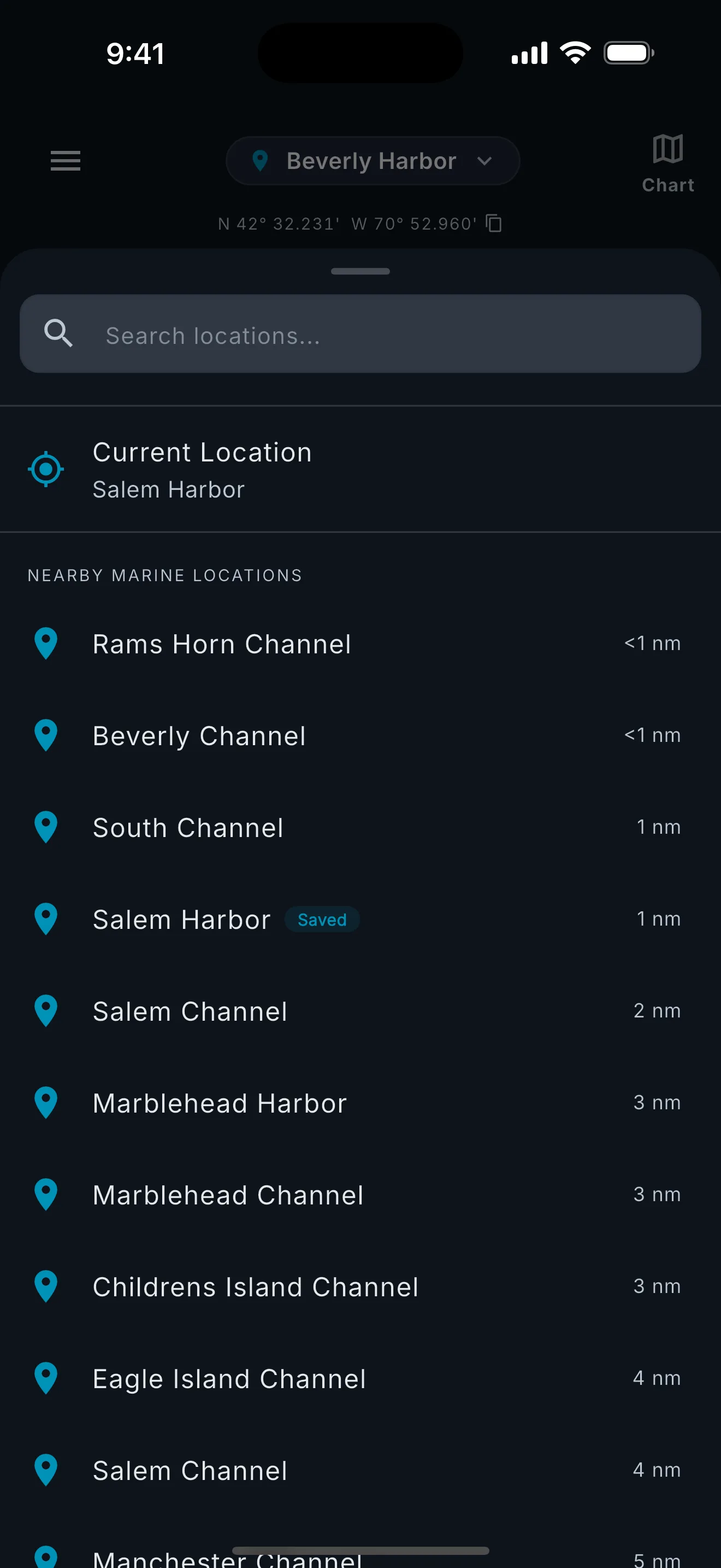 Location switcher showing nearby marine features like harbors and bays.
