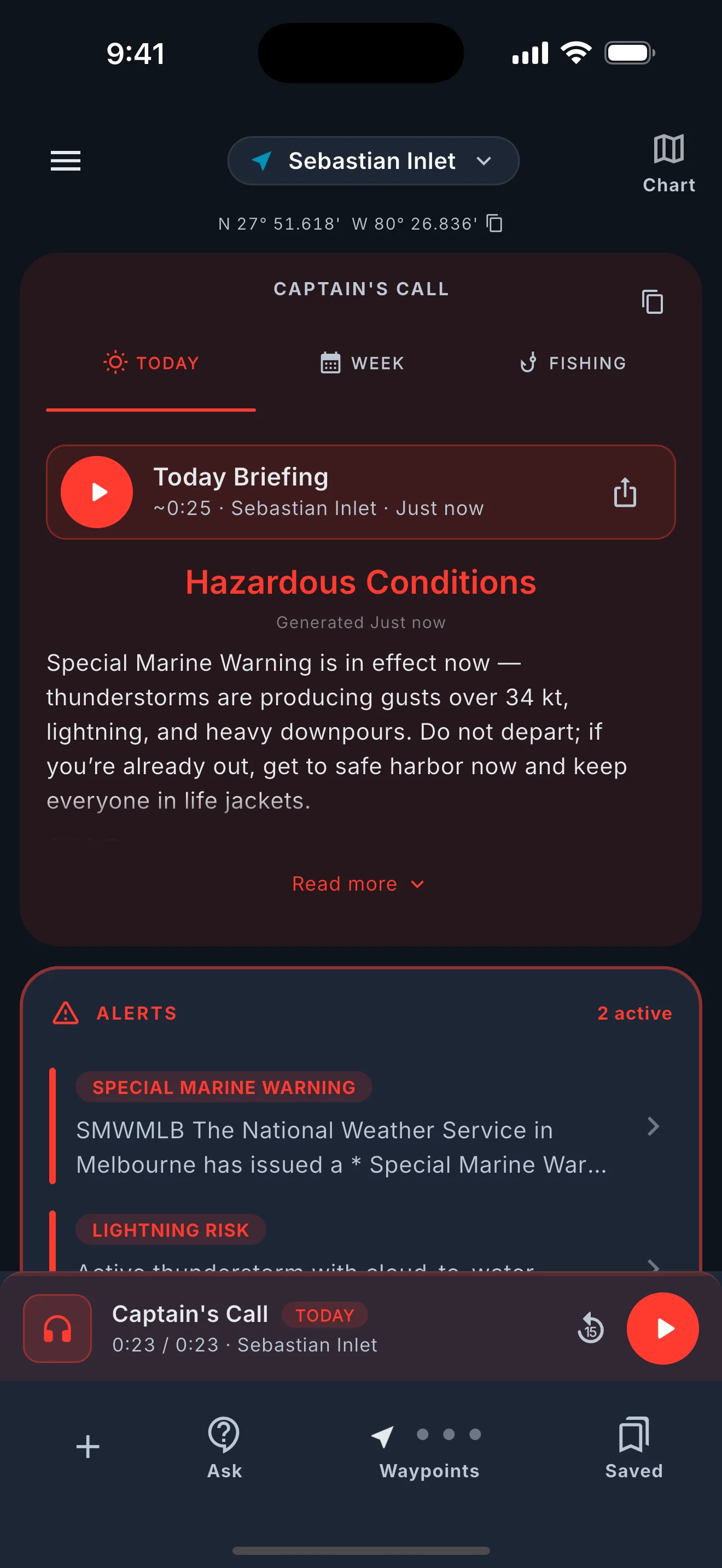 Hazardous Conditions briefing above an alerts card listing a Special Marine Warning and lightning risk.