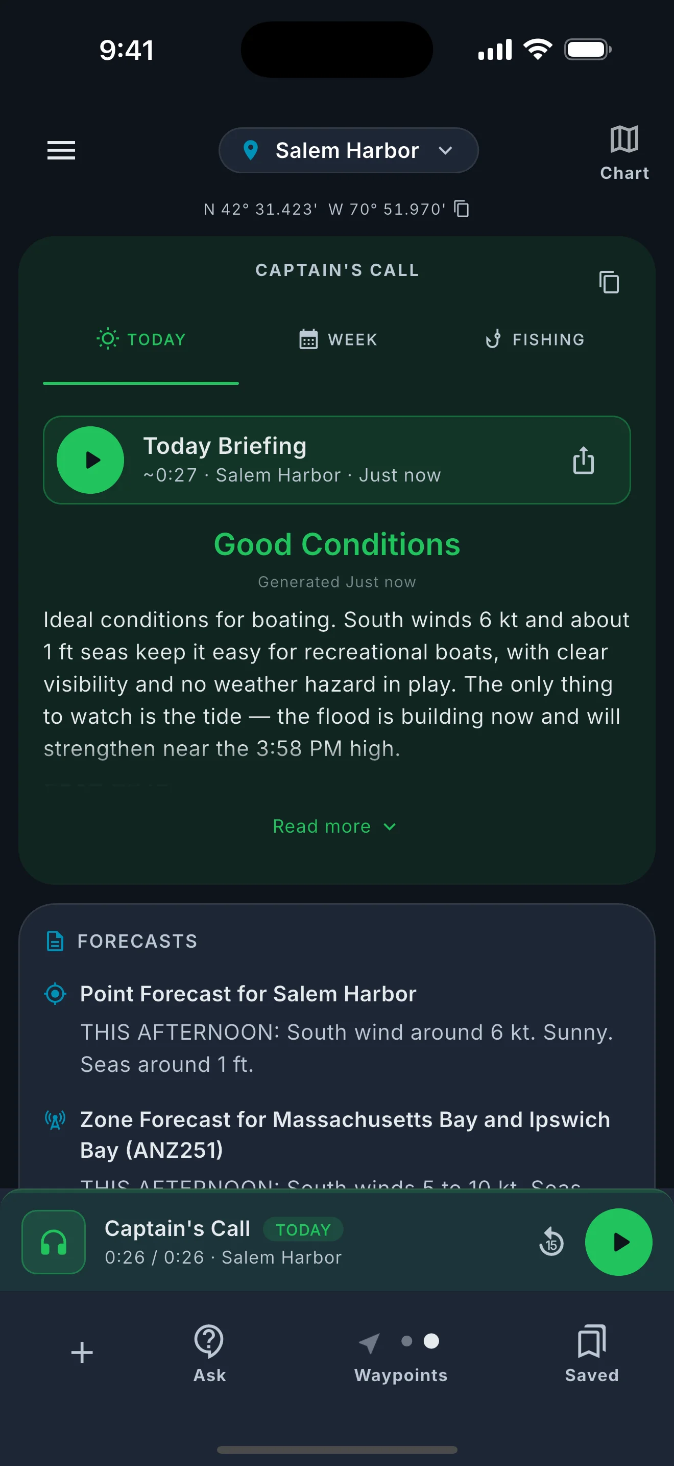 Boater Briefer Captain's Call for Salem Harbor — a Good Conditions briefing with an audio player.