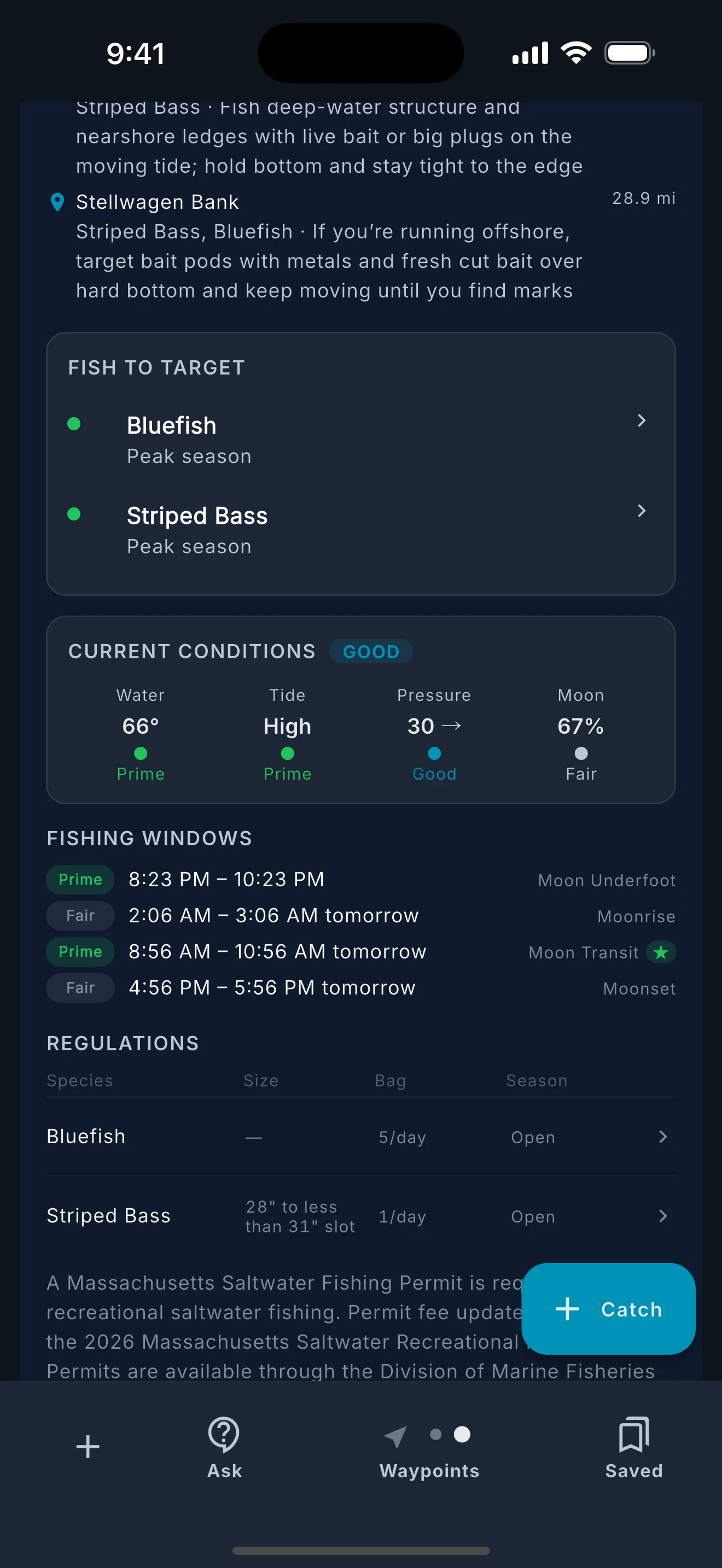 Fishing tab with target species, condition ratings, bite windows, and a regulations table.