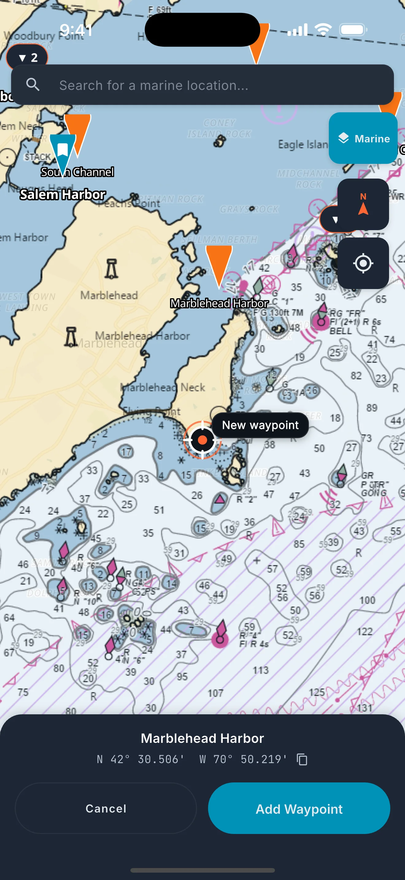 Chart tab with NOAA ENC overlay, depth soundings, buoys, and saved waypoints.