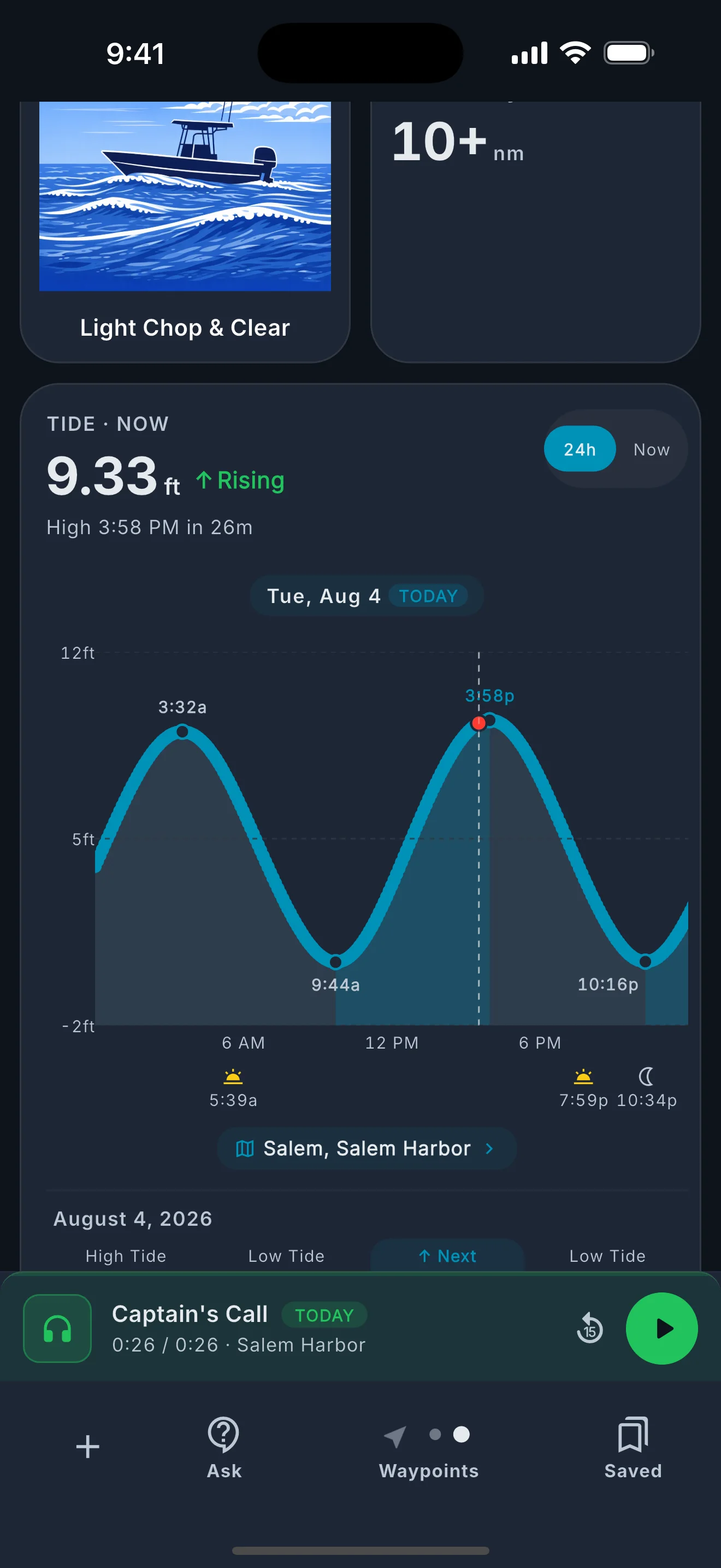Tide chart showing 24-hour high/low curve with current time.